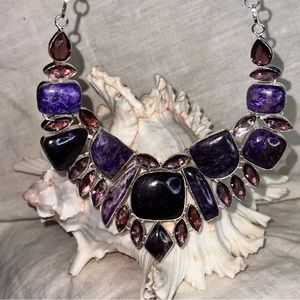 Striking Russian Charoite + Amethyst + Biwa Pearl  natural gemstone necklace